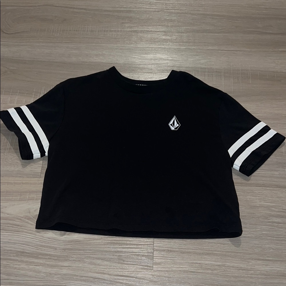 Girls Black Crop Top with White Stripes and detailed back
